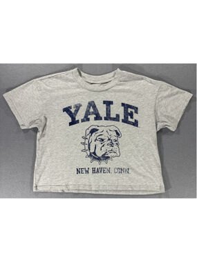 Yale University Bulldogs Cropped T Shirt Womens Medium Grey Distressed VTG Look